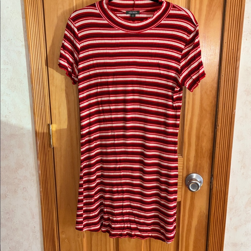 Wild Fable Red White Black Striped Ribbed Lettuce Edge Mini Dress M